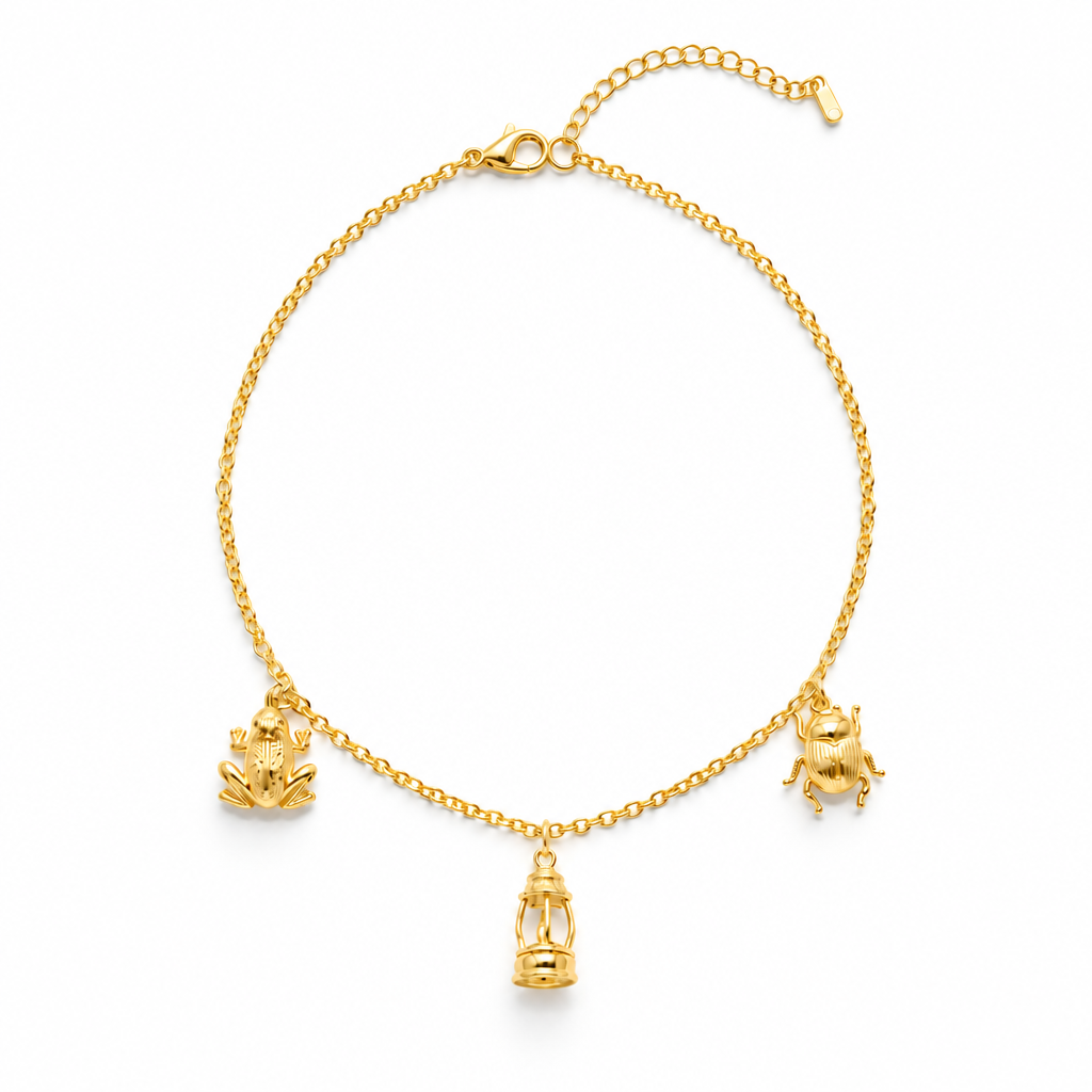 18k Gold Plated 3D charm necklace with frog, lighthouse and scarab beetle

