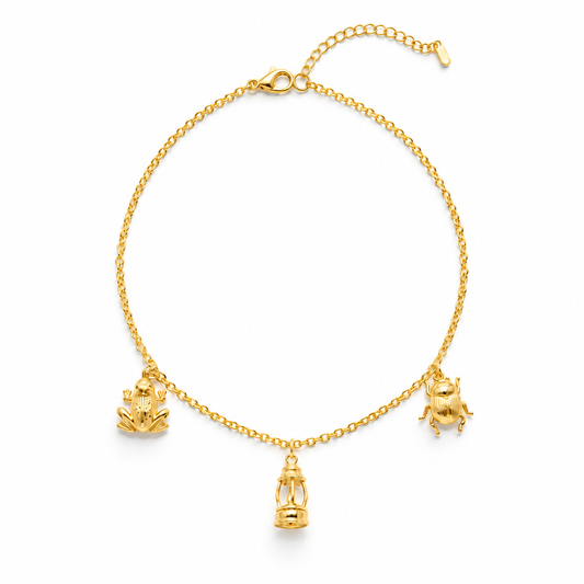 18k Gold Plated 3D charm necklace with frog, lighthouse and scarab beetle
