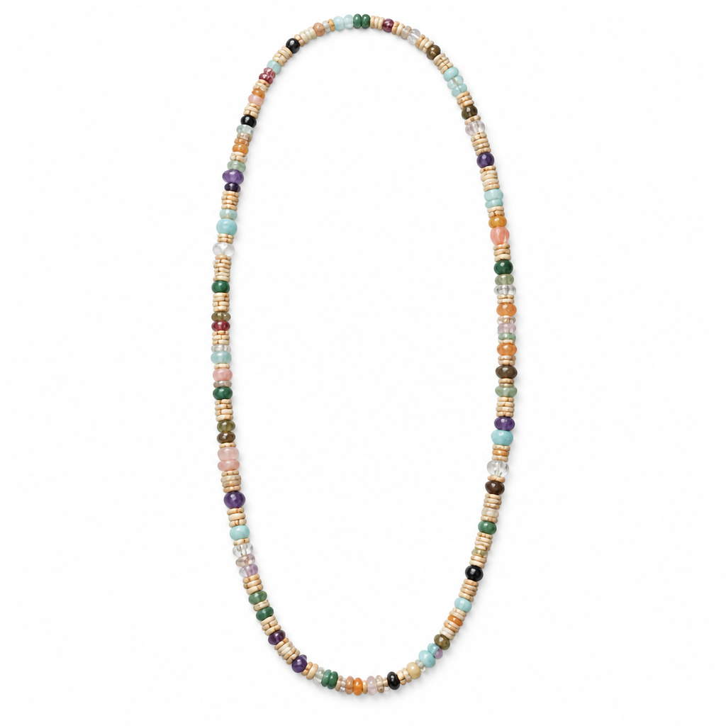 Long terracotta and multicoloured gemstone bead necklace strung on silk, 87 cm