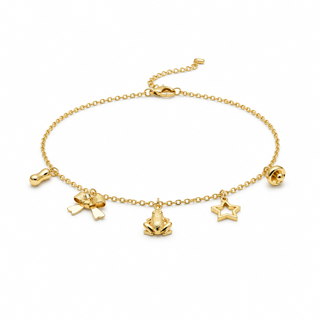 18k Gold Plated necklace with frog, bean, bow, star and mushroom charms
