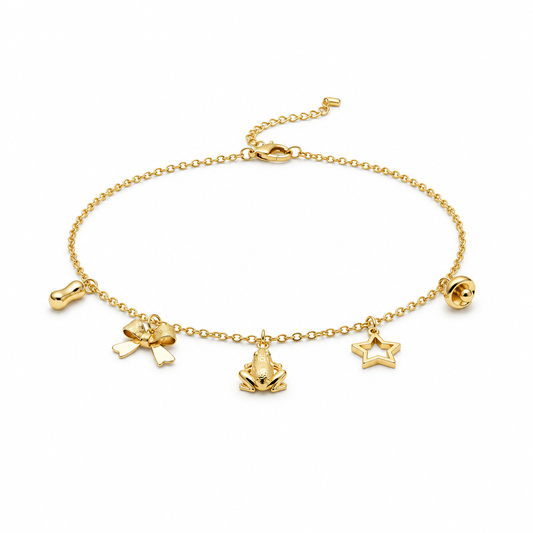 18k Gold Plated necklace with frog, bean, bow, star and mushroom charms
