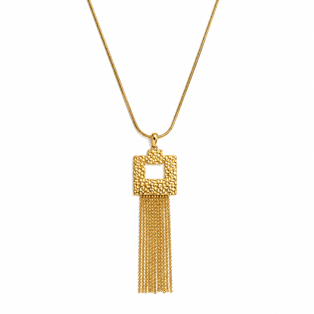 18k PVD Gold Stainless Steel necklace with a textured open-square pendant and delicate hanging fringe on white
