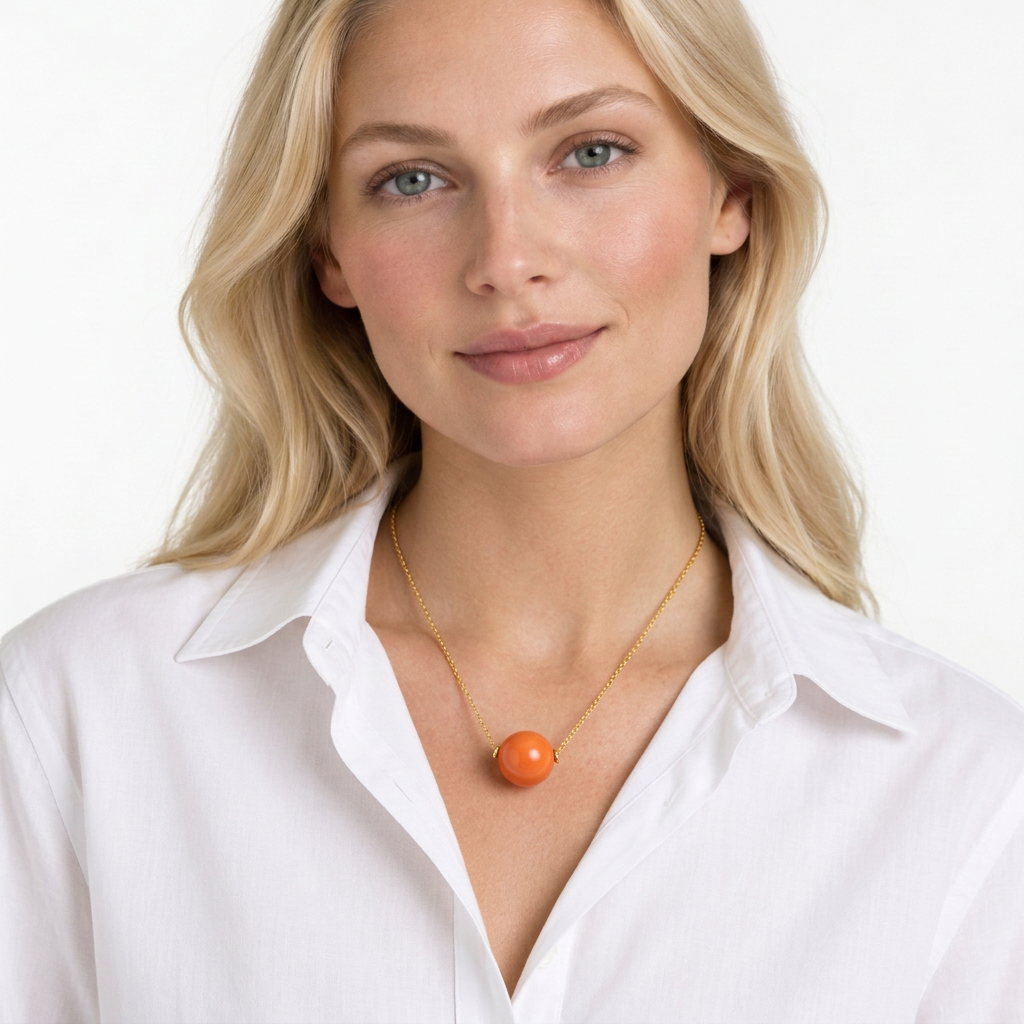 Orange tagua bead necklace with an 18k gold plated chain worn with an open collar white shirt
