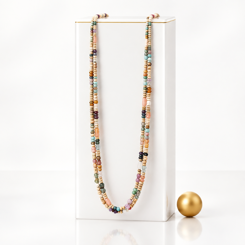 Irregular terracotta beads and mixed gemstones in an earthy long necklace
mate