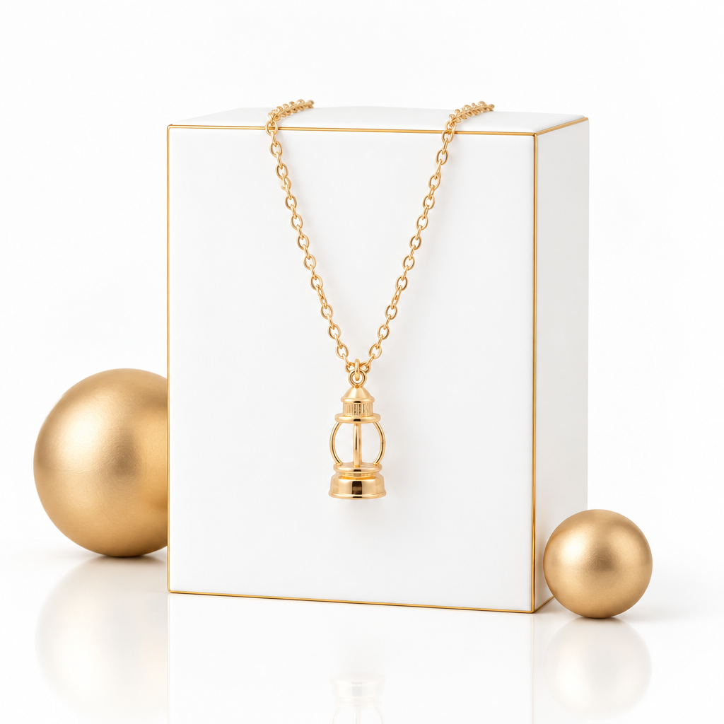 Nautical necklace with an openwork lighthouse charm displayed on a pedestal
