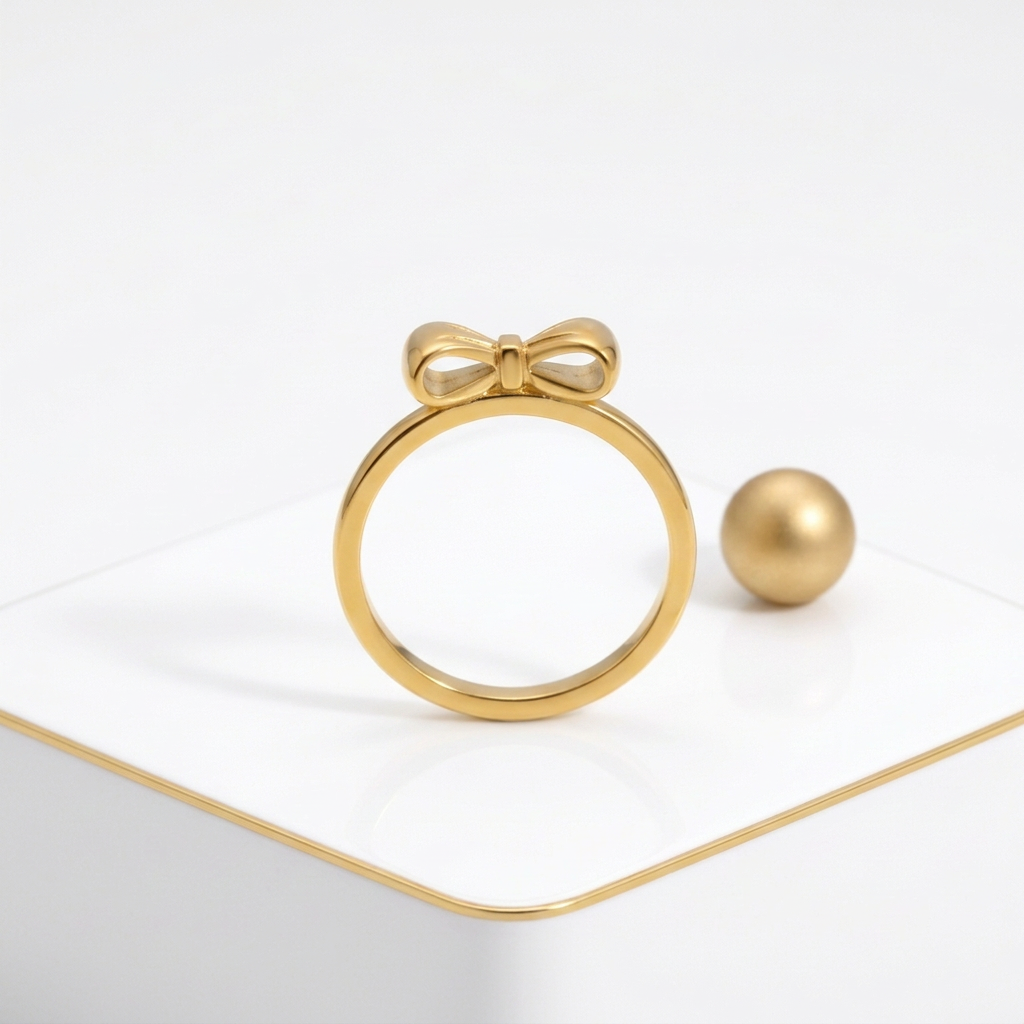 Front view of a gold bow ring on a white pedestal with fine gold trim beside a matte gold sphere
