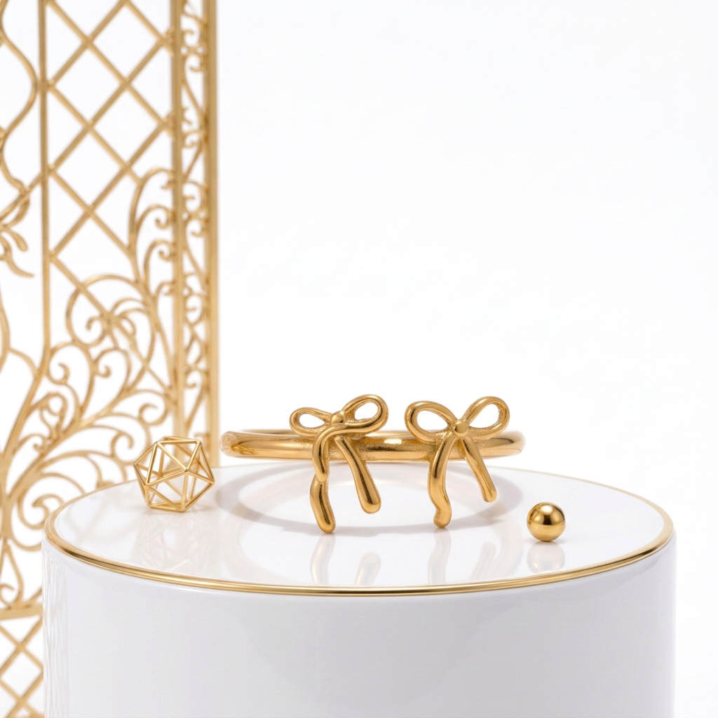Slim gold bow band ring showing open loops and ribbon tails