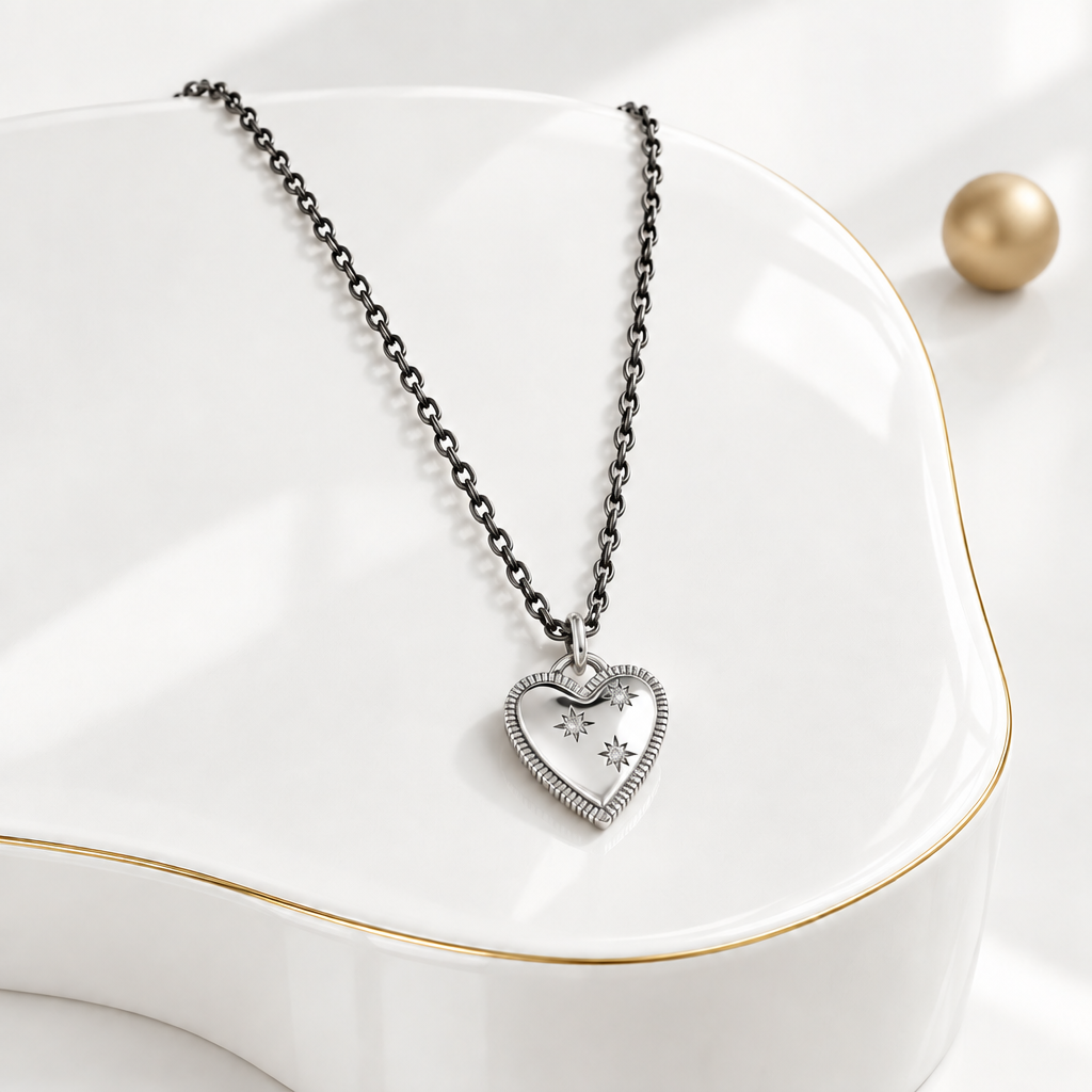 Silver plated heart necklace with an oxidized sterling silver chain on a white gold edged display beside a matte gold sphere