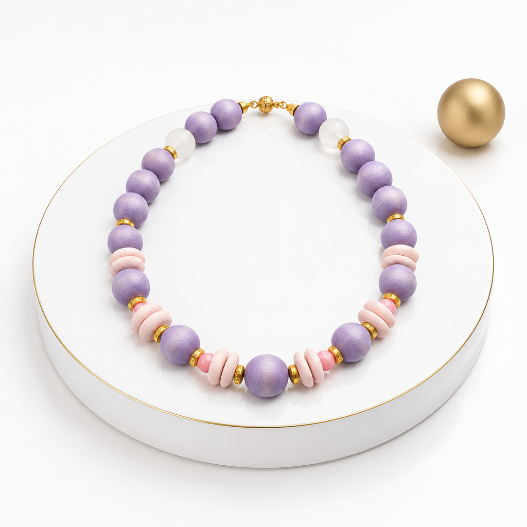 Lavender and blush pink beaded necklace on a white podium with a fine gold edge, beside a matte gold sphere