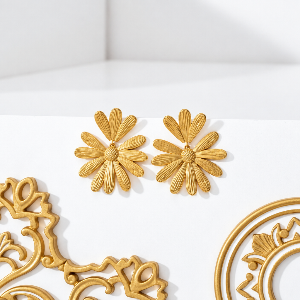 Textured floral earrings with three petal studs and large hanging flowers in 18k PVD Gold