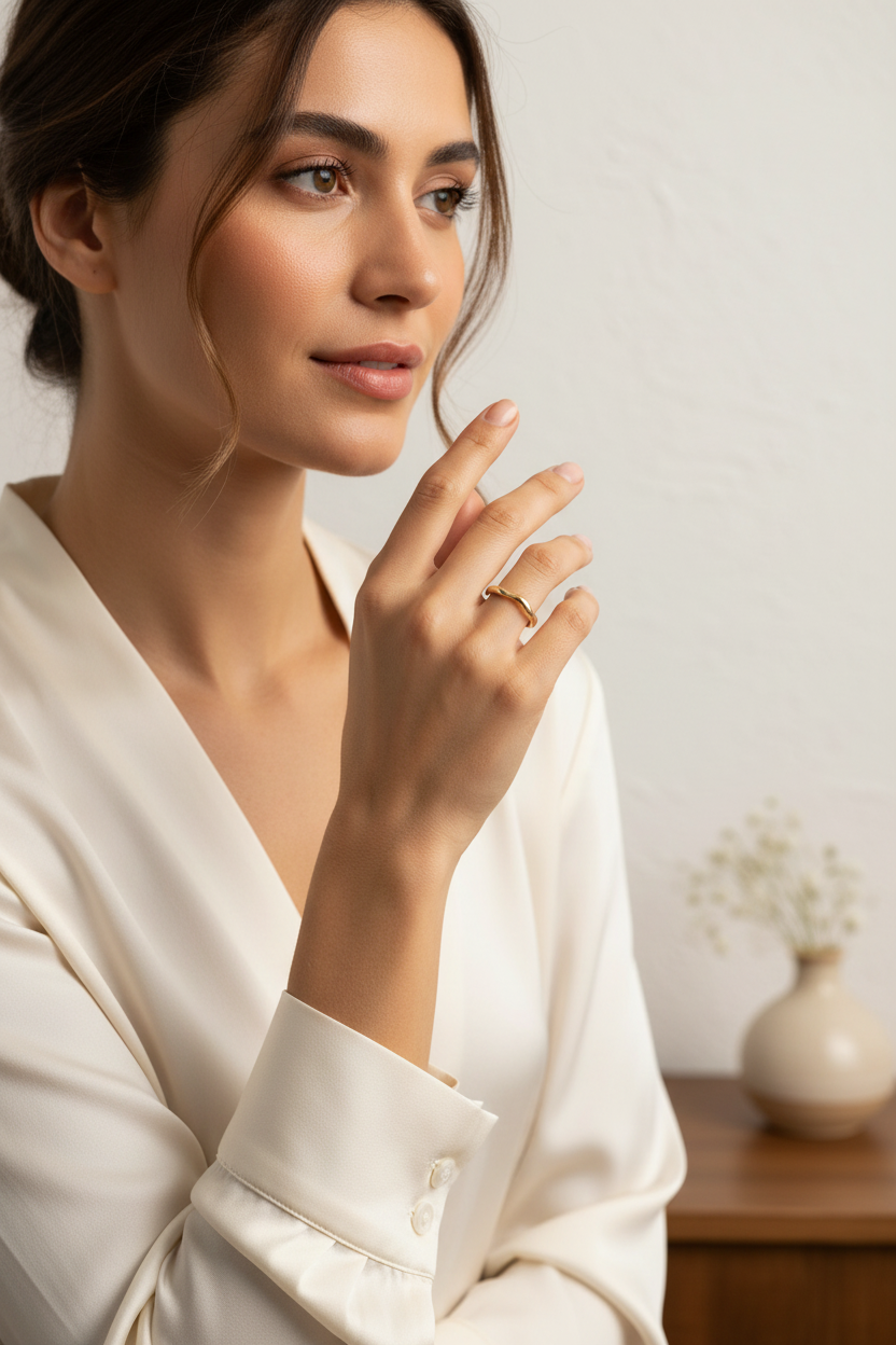 Woman wearing irregular wavy band ring in 18k gold plating - minimalist everyday jewelry