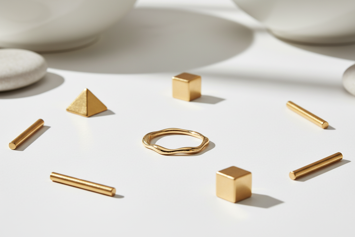 Gold plated irregular wavy band ring displayed in elegant white and gold setting - organic textured design