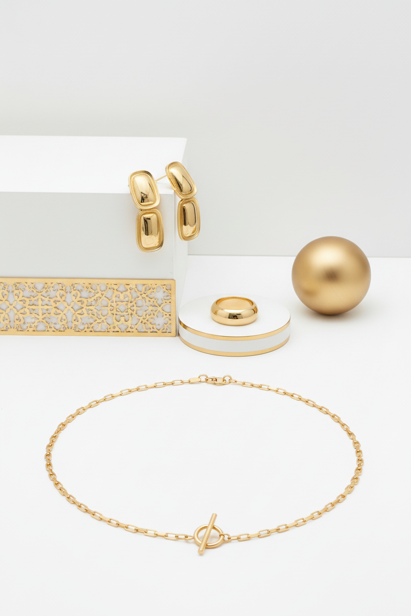 18k PVD Gold Jewelry Set Earrings Necklace Ring
