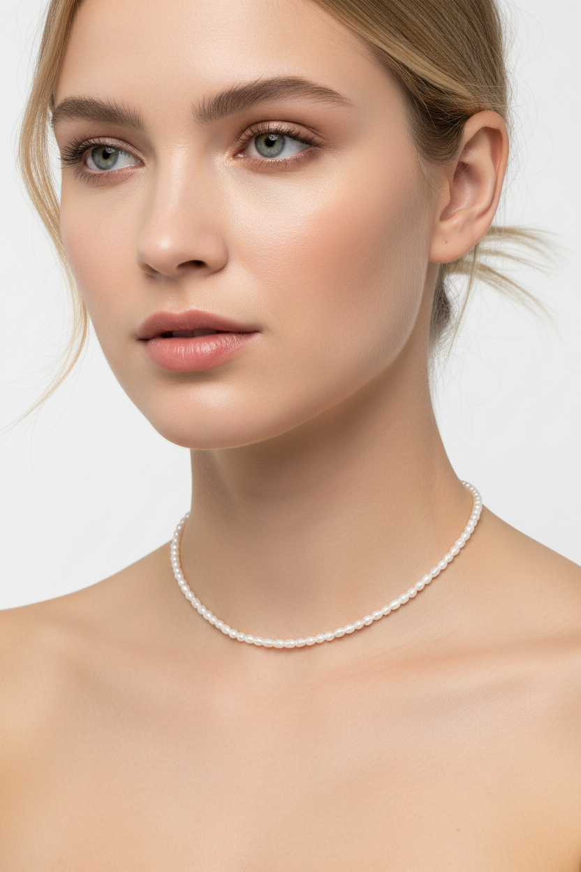 Nordic model wearing natural keshi pearl choker necklace - delicate baroque pearl jewelry on neck