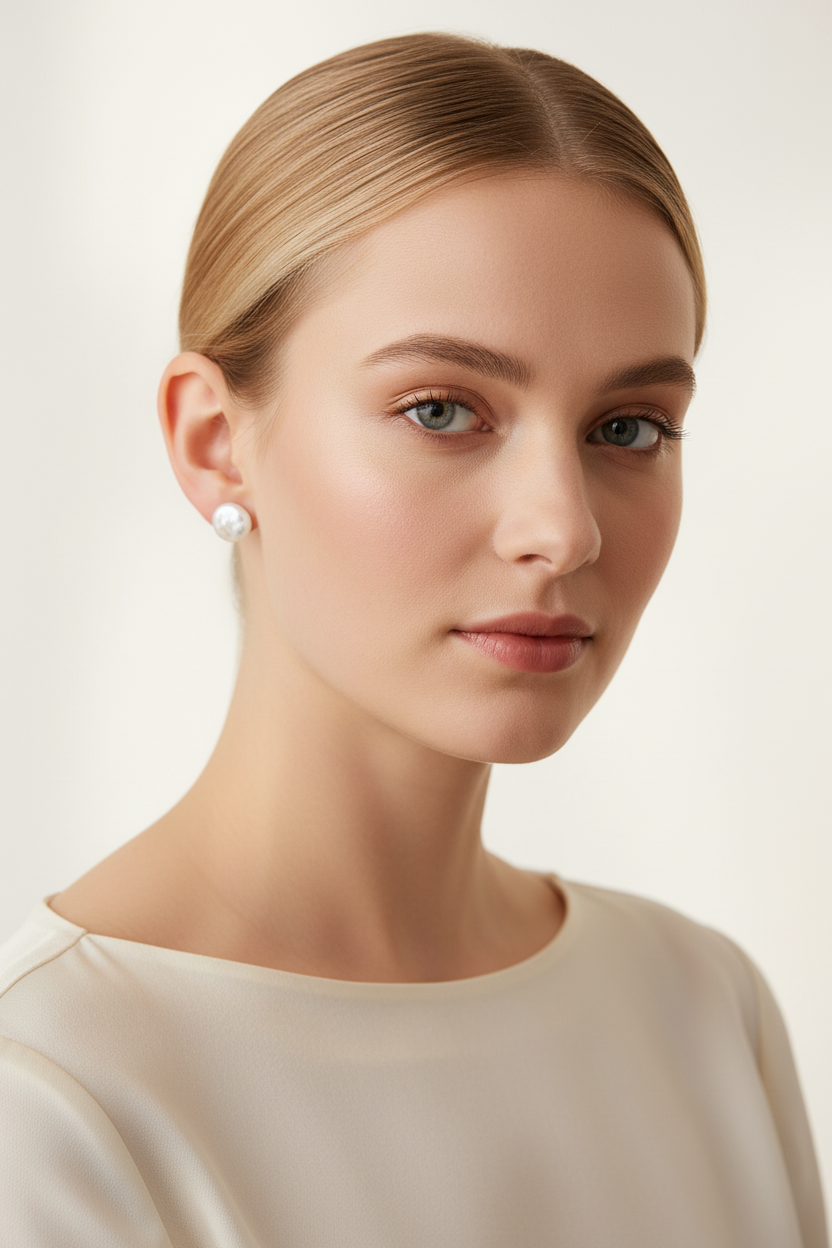 Keshi Pearl Sterling Silver Stud Earrings on Model – Natural Pearl Studs for Women
