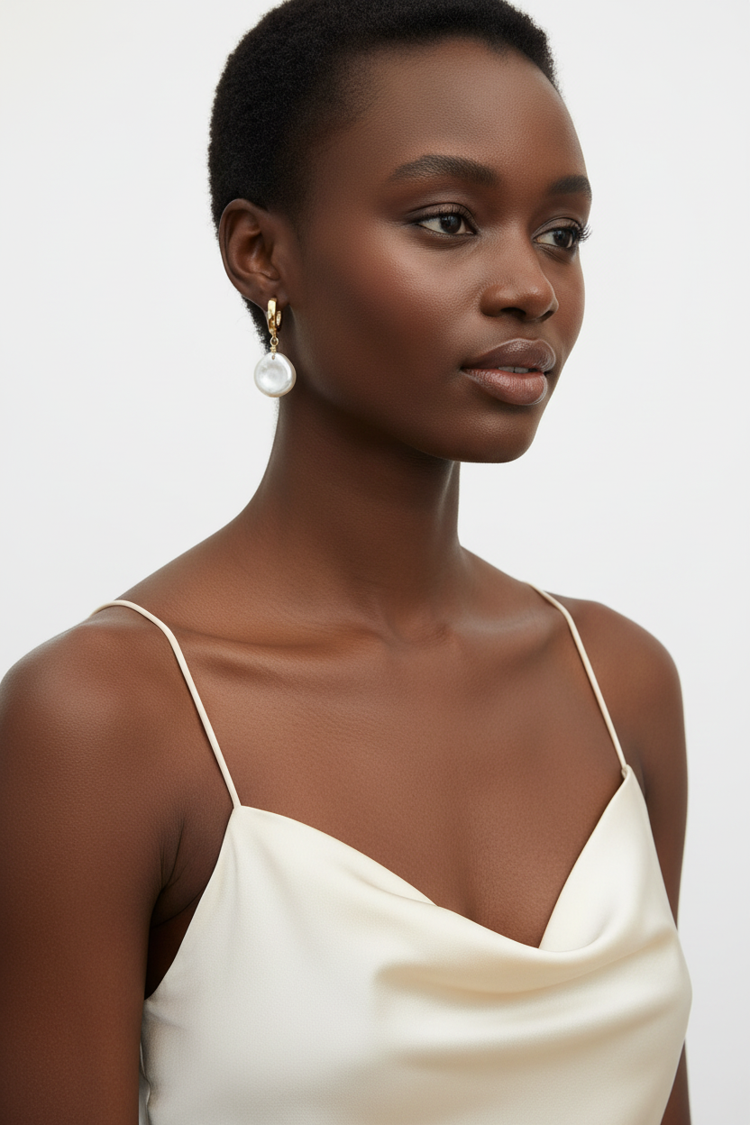 Keshi Pearl Hoop Earrings 14K Gold Filled on Model – Pearl Drop Earrings for Women
