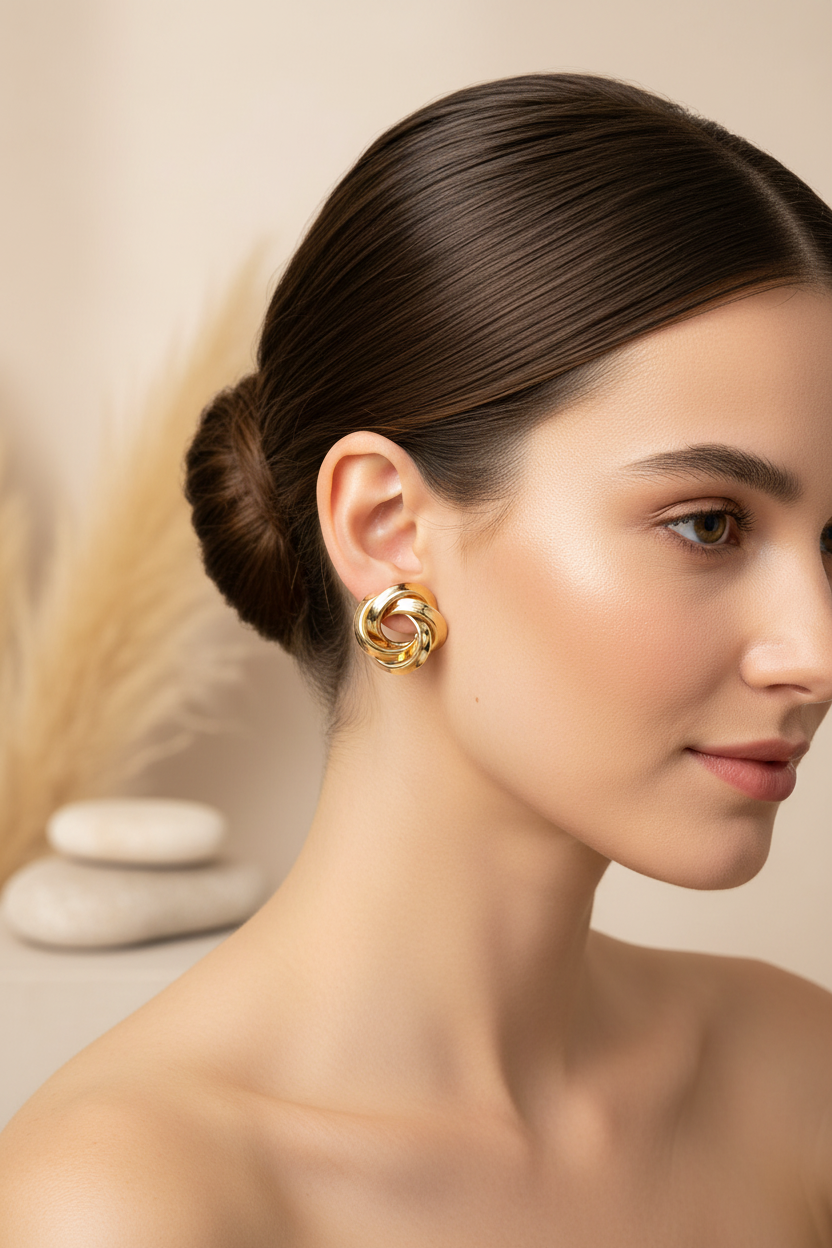 Woman wearing chunky gold knot button stud earrings, statement jewelry