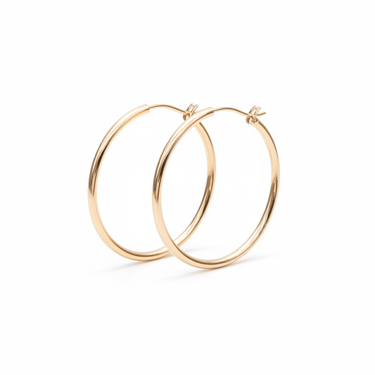 Large 18k gold plated hoop earrings 35mm diameter on white background