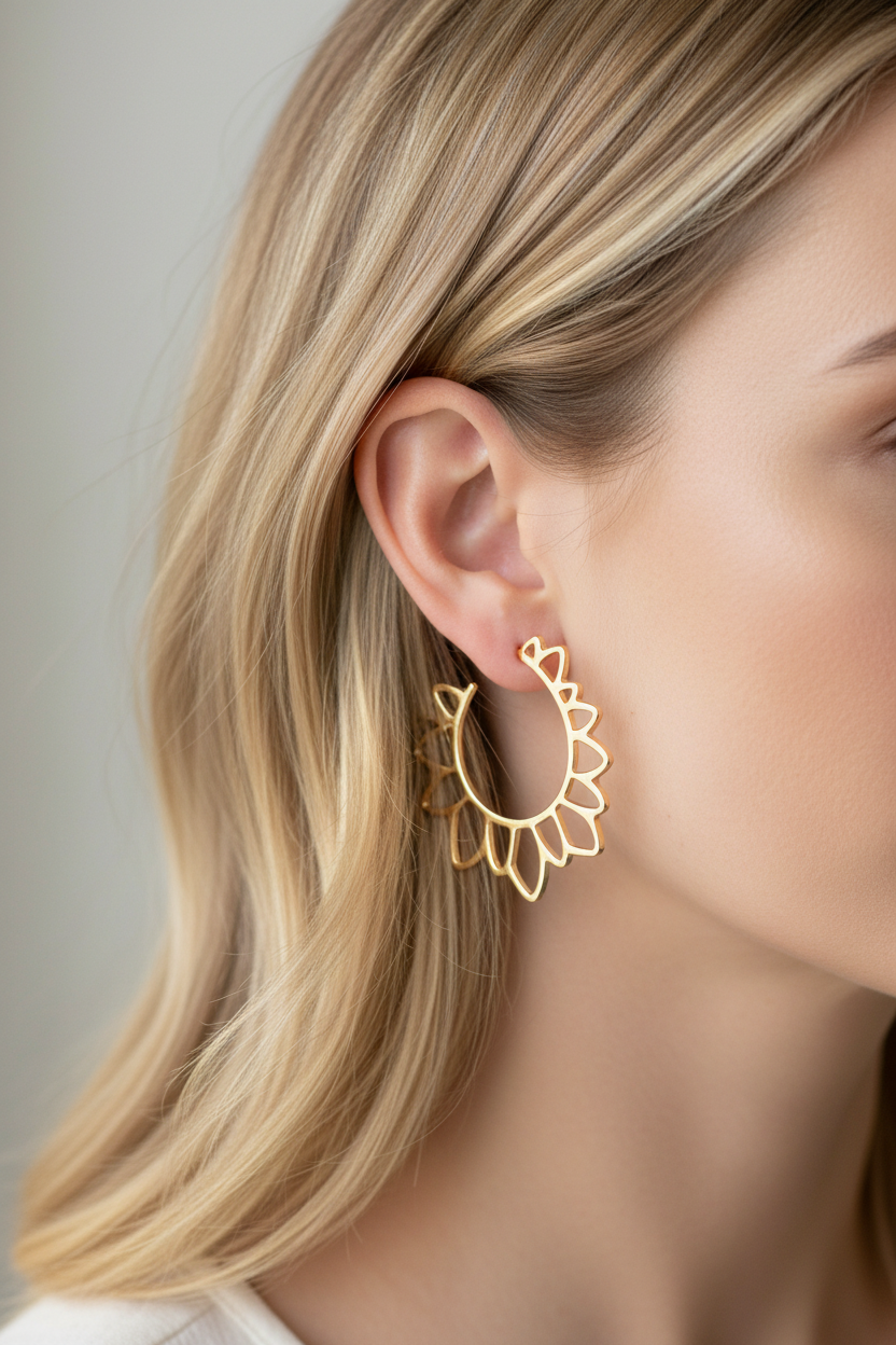 Large gold hoop earrings on blonde model