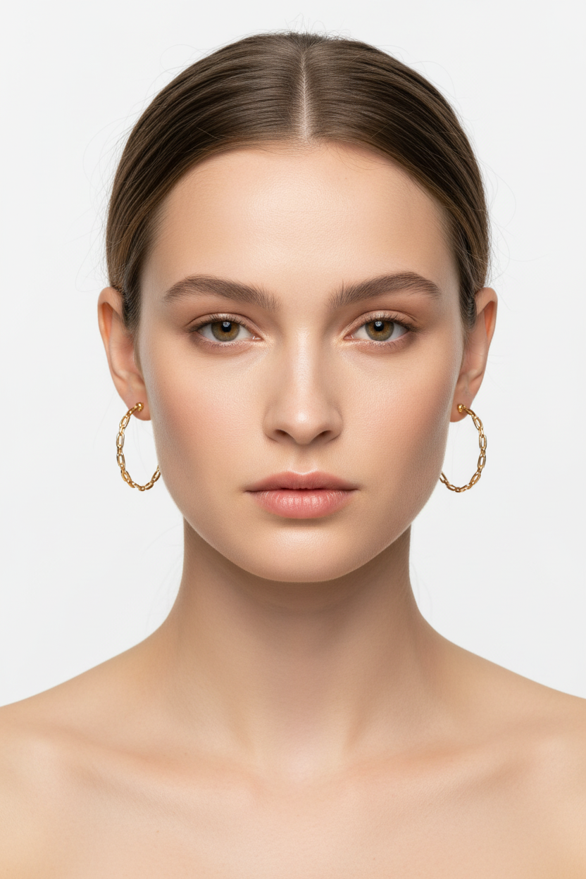 Open link gold hoop earrings 45mm worn - 18k gold plated stud hoops on Nordic model