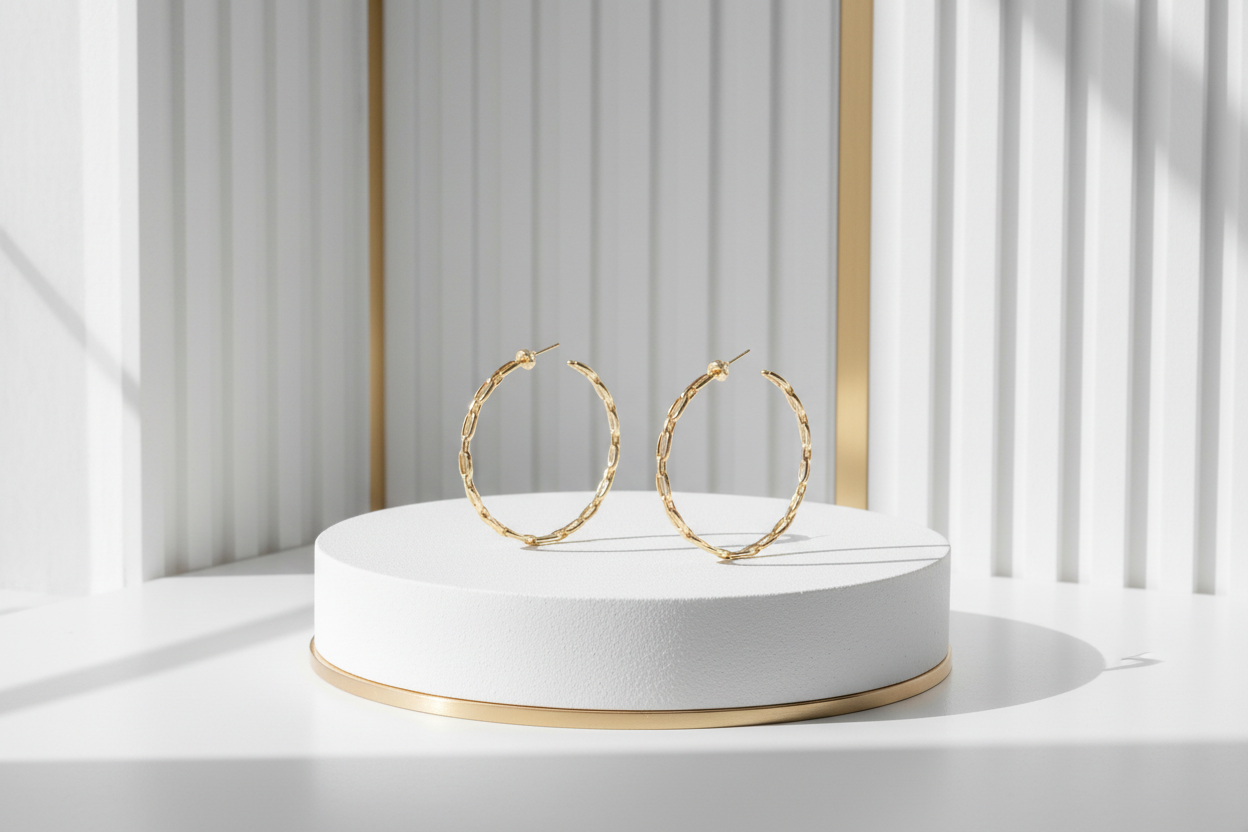 Statement open link gold hoops 45mm - 18k gold plated stud hoop earrings pair display