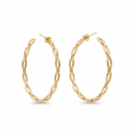 Large open link gold hoop earrings 45mm - 18k gold plated stud hoops on white background