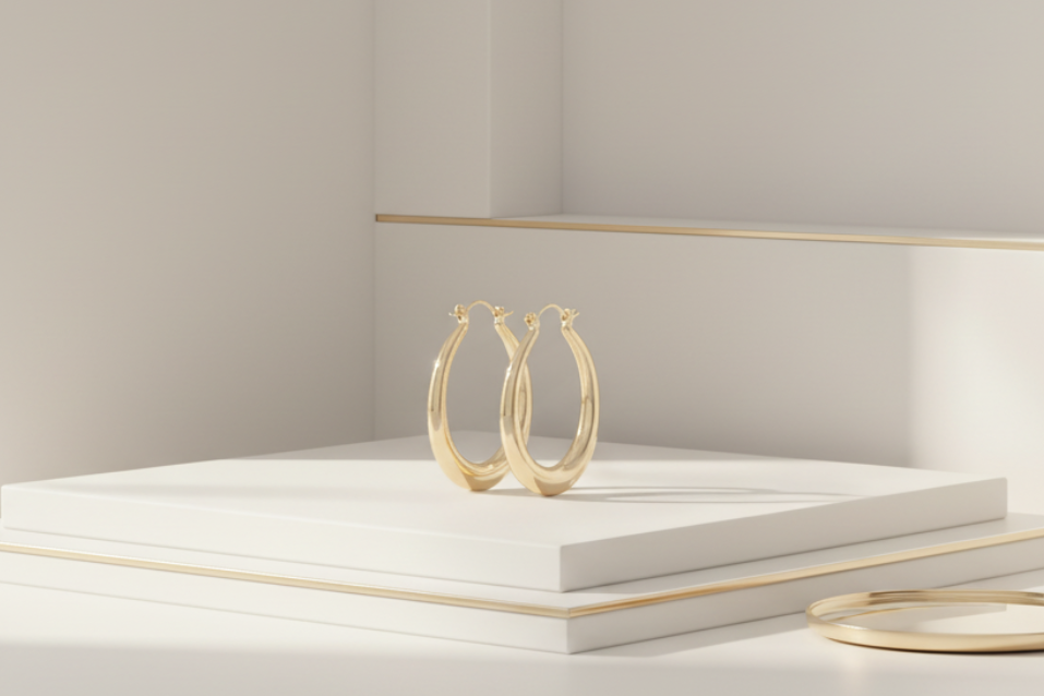 Statement oval gold hoops 33mm - 18k gold plated earrings in white and gold setting