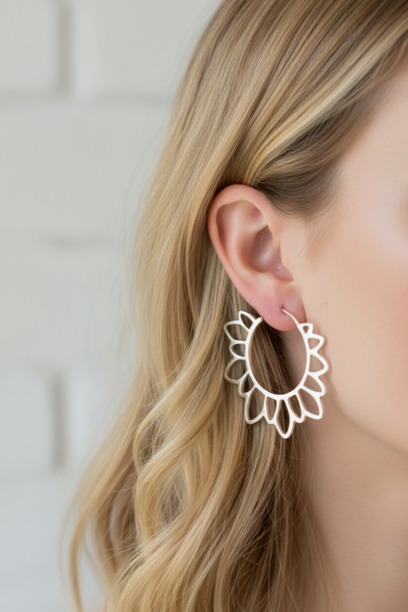 Large silver open hoop earrings on blonde model