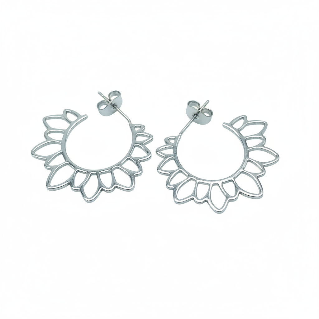 Large silver open hoop earrings on clean white background