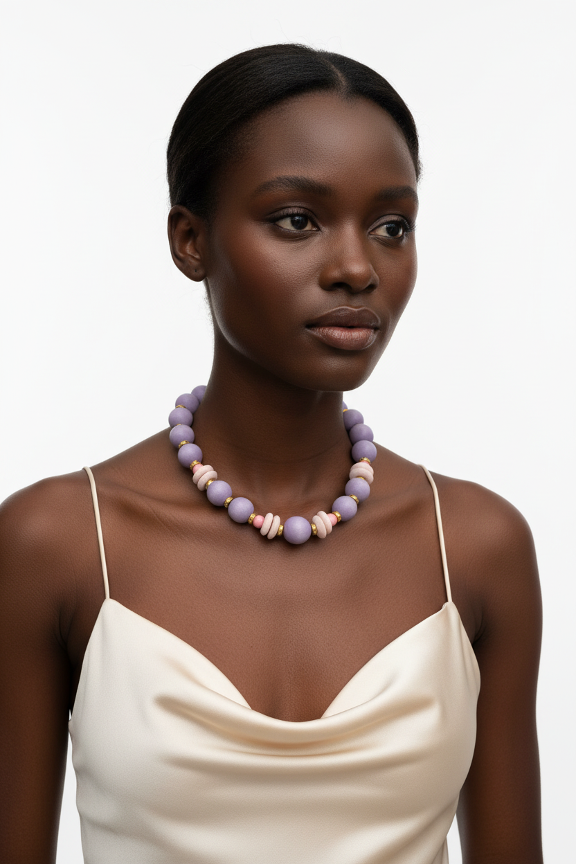 Chunky Lavender Bead Necklace on Model – Wood African Glass Statement Necklace
