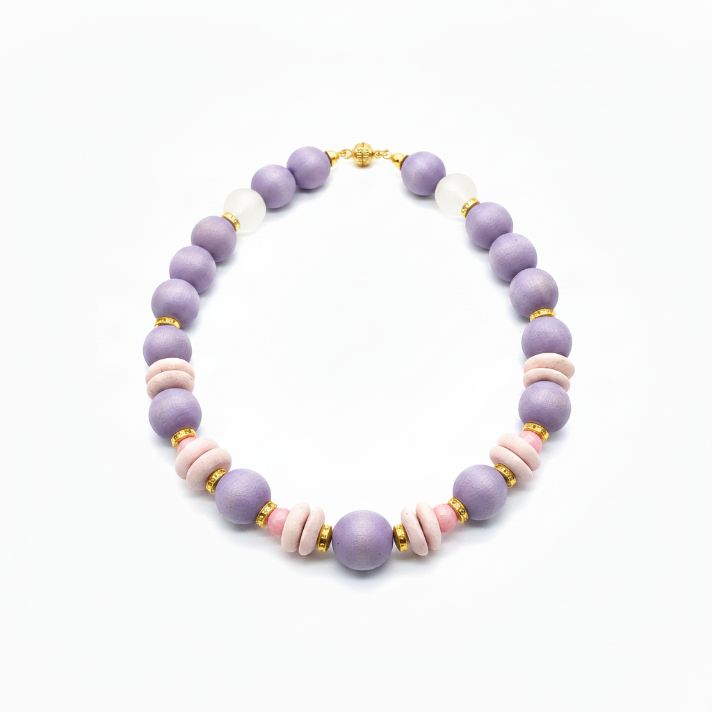 Chunky Lavender Wood Bead Necklace Gold Accents – Statement Jewelry for Women


