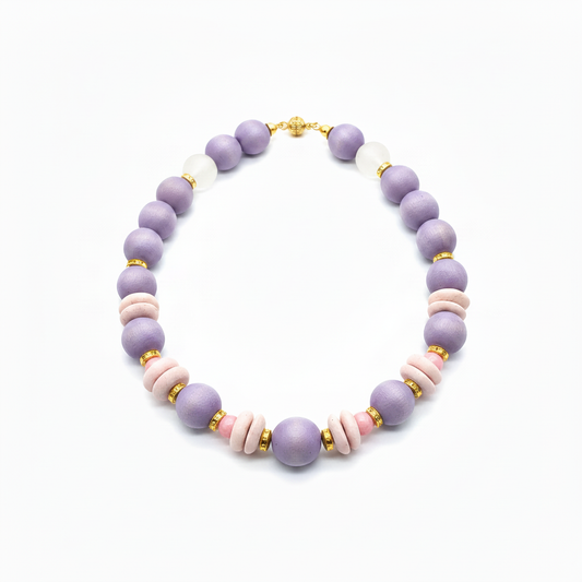 Chunky Lavender Wood Bead Necklace Gold Accents – Statement Jewelry for Women



