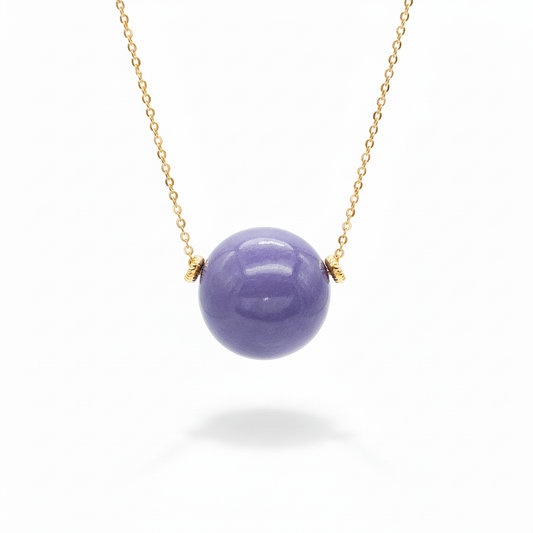 Lavender tagua bead necklace with 18k gold plated chain on white background