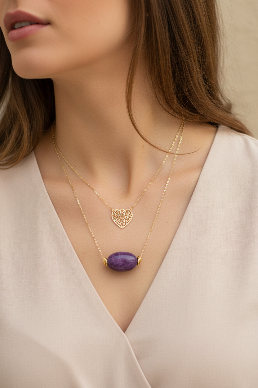 Layered Necklaces - Gold Heart and Purple Tagua on Brown-Haired Model