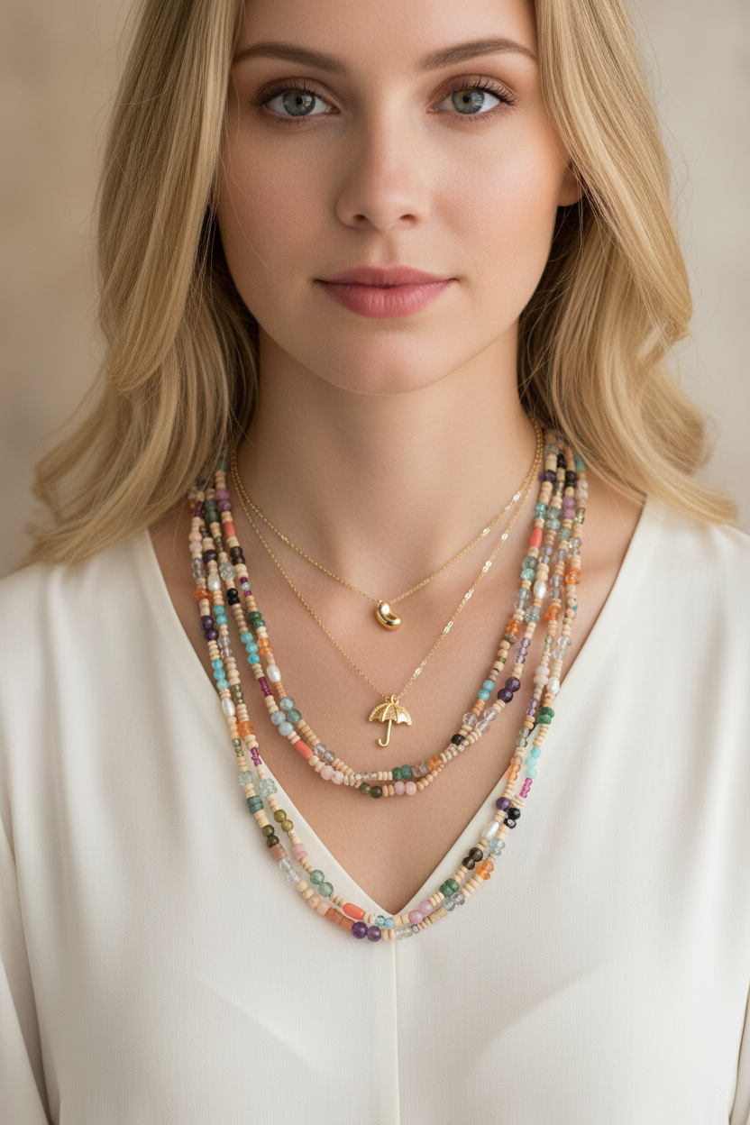 Layered necklaces on blonde model