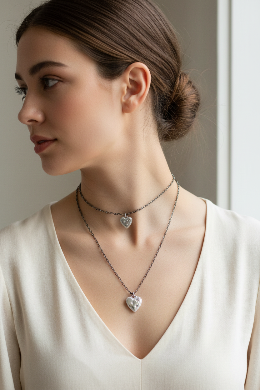 Layered Sterling Silver Heart Necklaces on Model