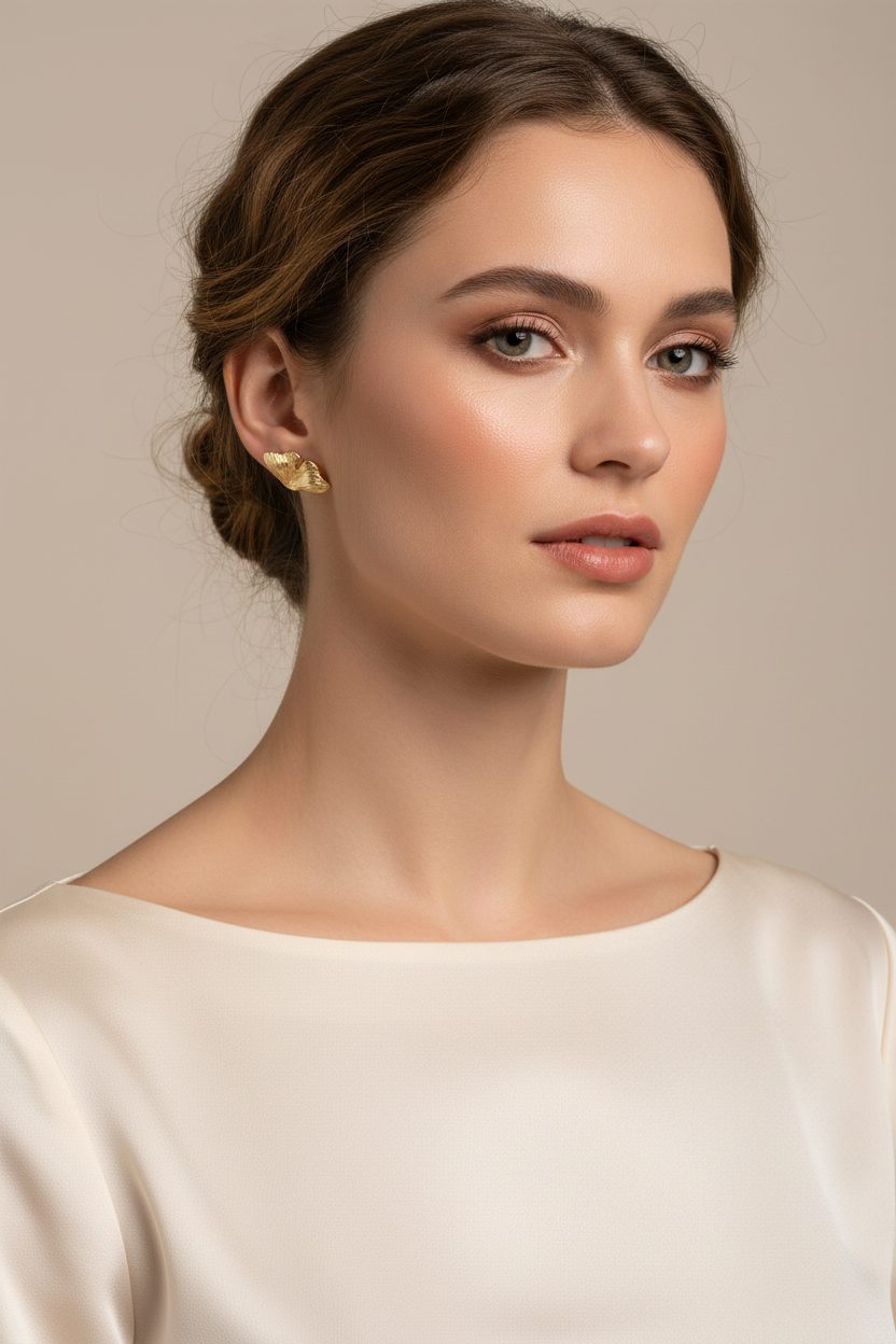 18K Gold Leaf Stud Earrings on Model – Dainty Gold Studs for Women
