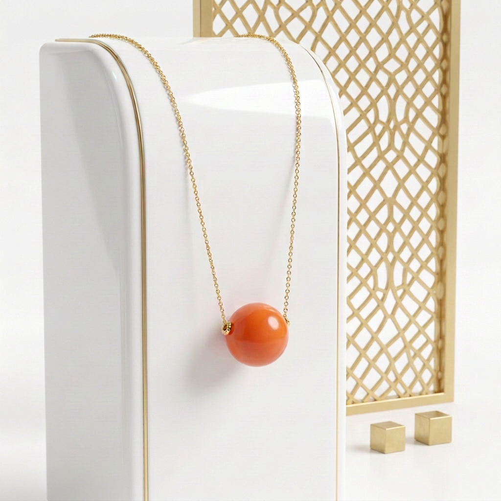 Orange tagua bead necklace draped over a white display column with gold edging and a decorative gold lattice behind