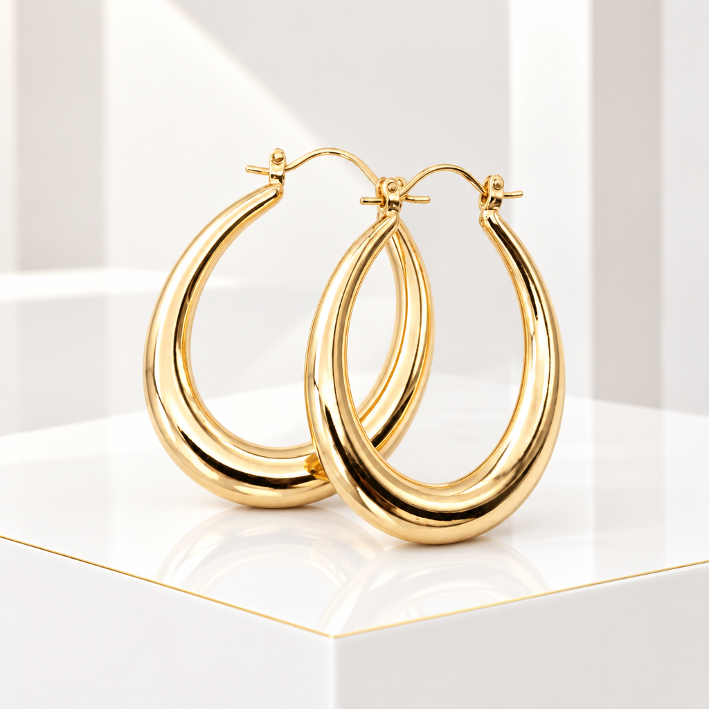 Oval hoop earrings in 18k Gold Plated on a glossy white podium with a fine gold edge