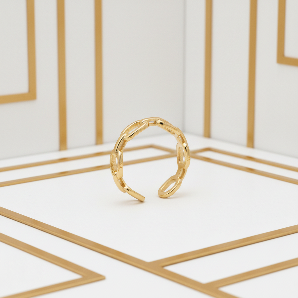 Gold Plated Link Chain Open Band Ring in Luxury White Gold Setting for Women
