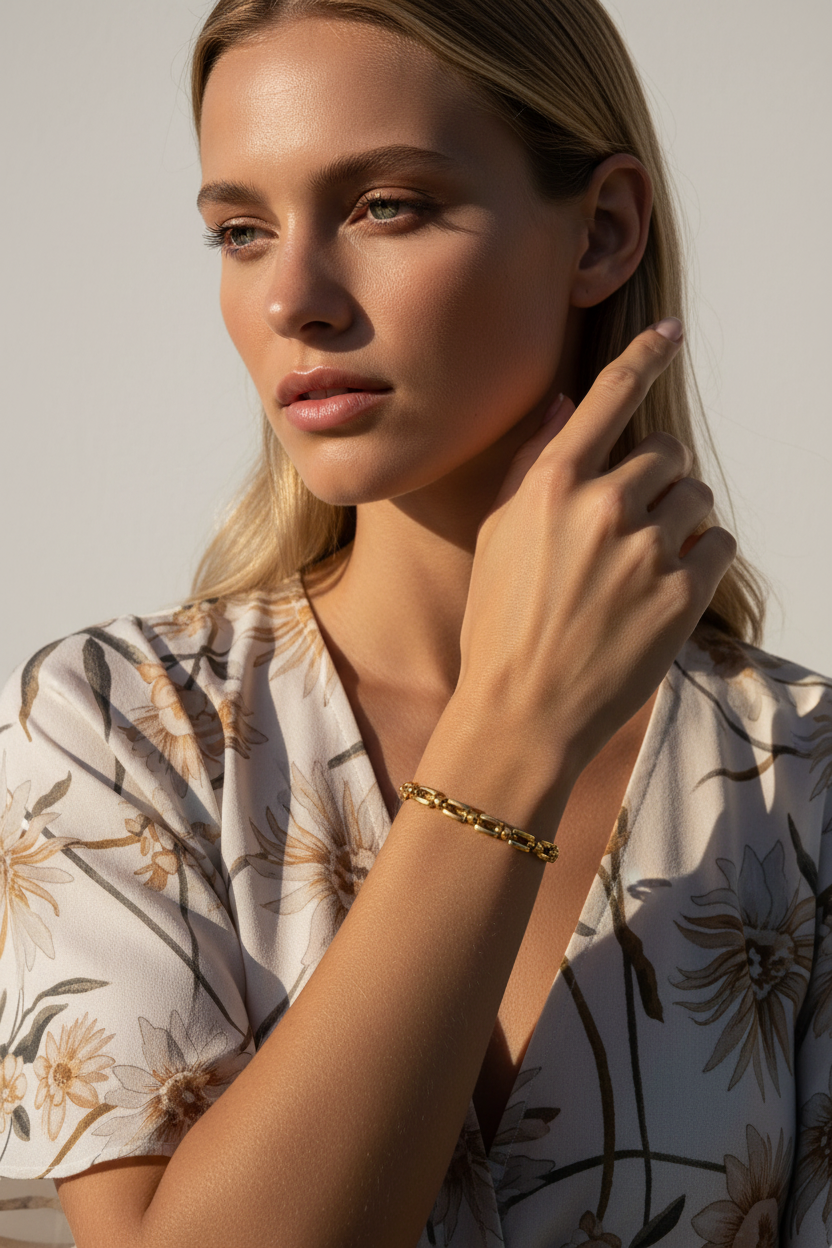 Model wearing gold link chain bracelet 18k PVD stainless steel – waterproof everyday jewelry – Ms Friesch
