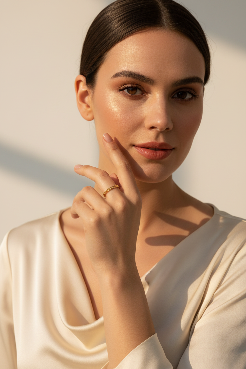 Woman Wearing 18k Gold Plated Link Chain Ring – Stackable Gold Ring for Women
