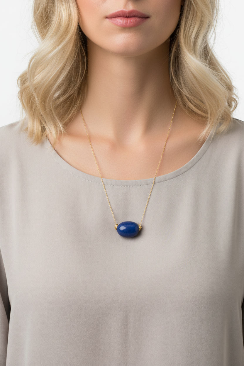 model wearing long navy blue tagua necklace with 30mm chunky nuggets, layered statement jewelry styling