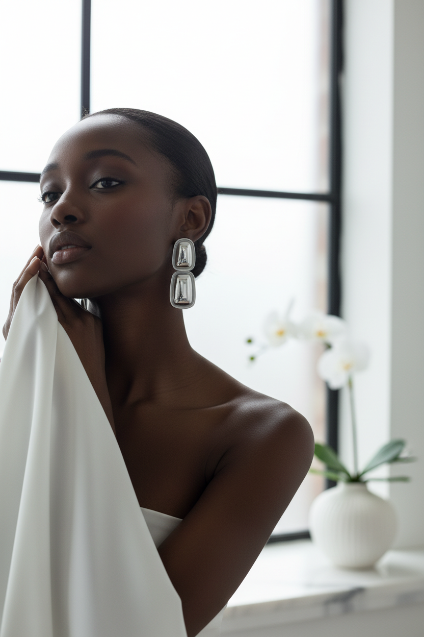 Long Articulated Geometric Dangle Earrings on model