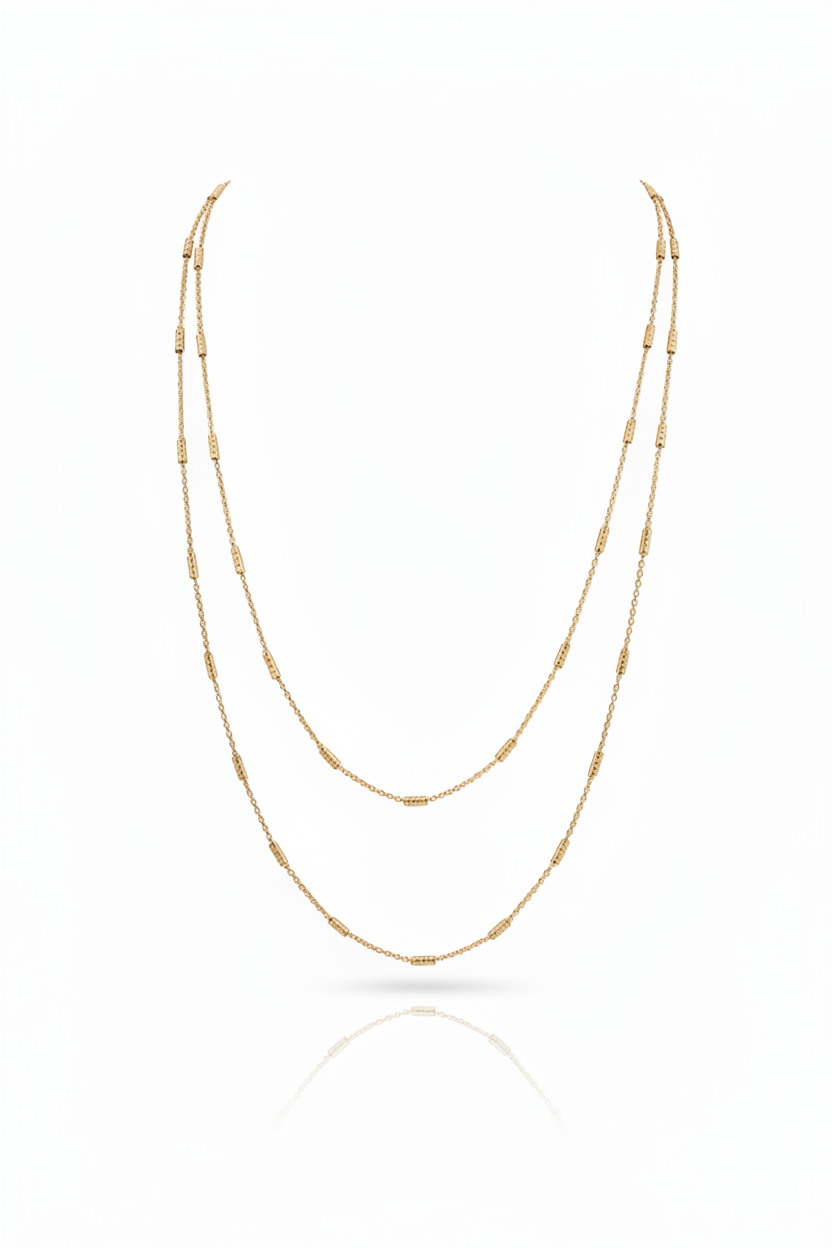 Long dainty 18K gold plated chain necklace 100cm delicate layering jewelry on white background