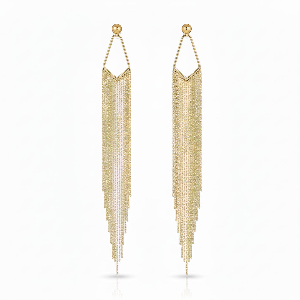 Long Gold Chain Fringe Stud Earrings Warm Gold