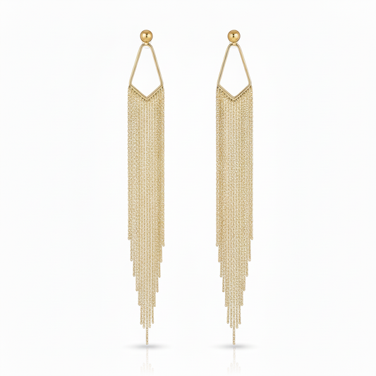 Long Gold Chain Fringe Stud Earrings Warm Gold
