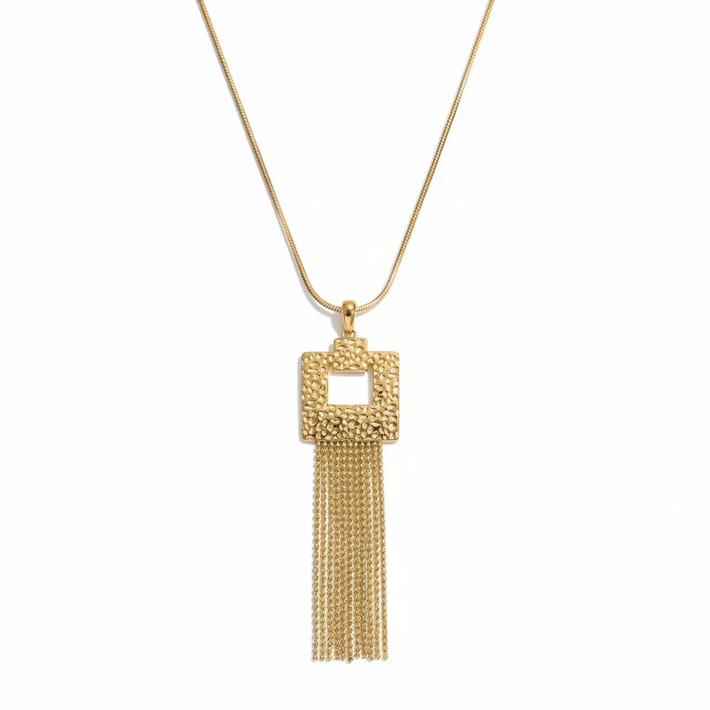 Long gold chain square fringe necklace - 18k PVD gold plated stainless steel jewelry by Ms Friesch
