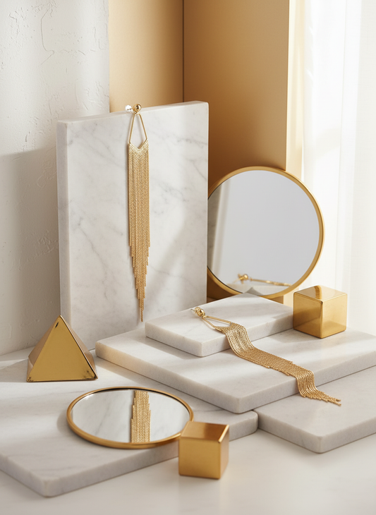 Long Gold Chain Stud Fringe Earrings in White and Gold Setting