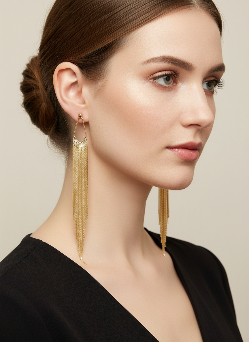 Long Gold Chain Stud Fringe Earrings on Model